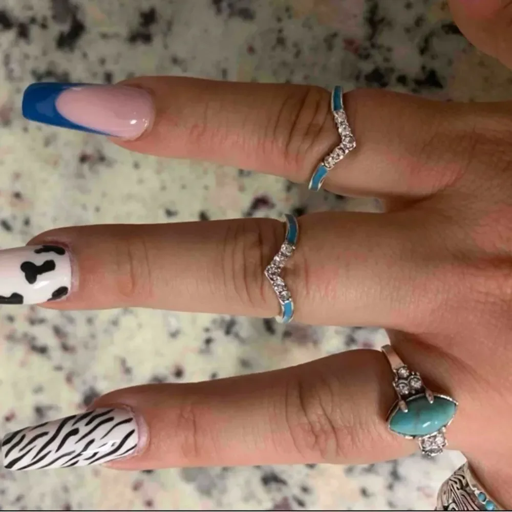 Western Bohemian Navajo Turquoise Wedding Engagement Ring Diamond Ring Set - Picture 8 of 12